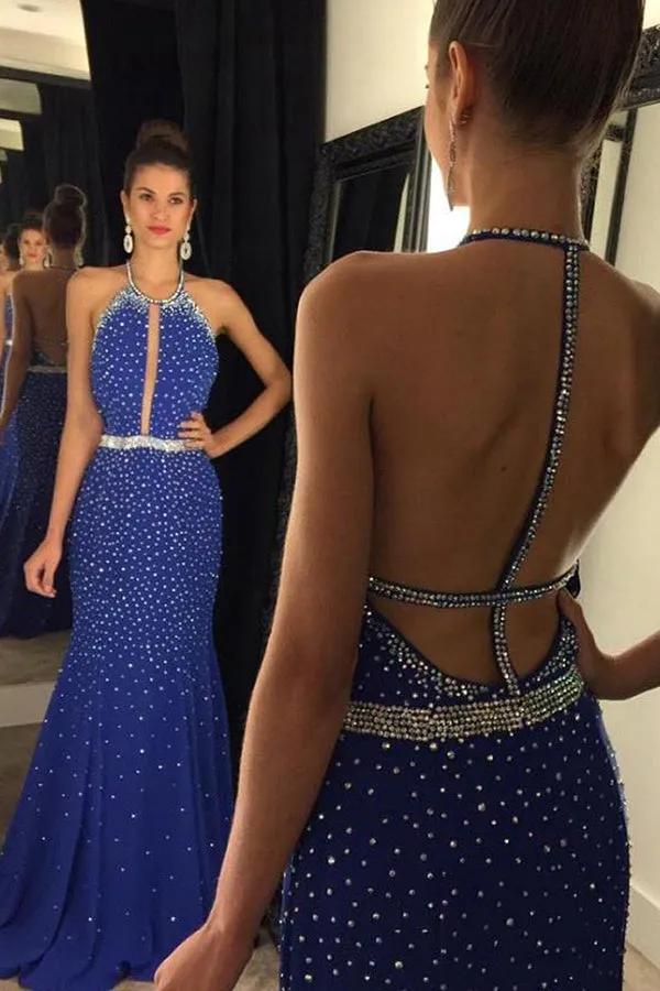 Sheath Jewel Sleeveless Sweep Train Backless Rose Pink Prom Dress with Beading L004