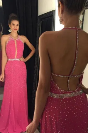 Sheath Jewel Sleeveless Sweep Train Backless Rose Pink Prom Dress with Beading L004