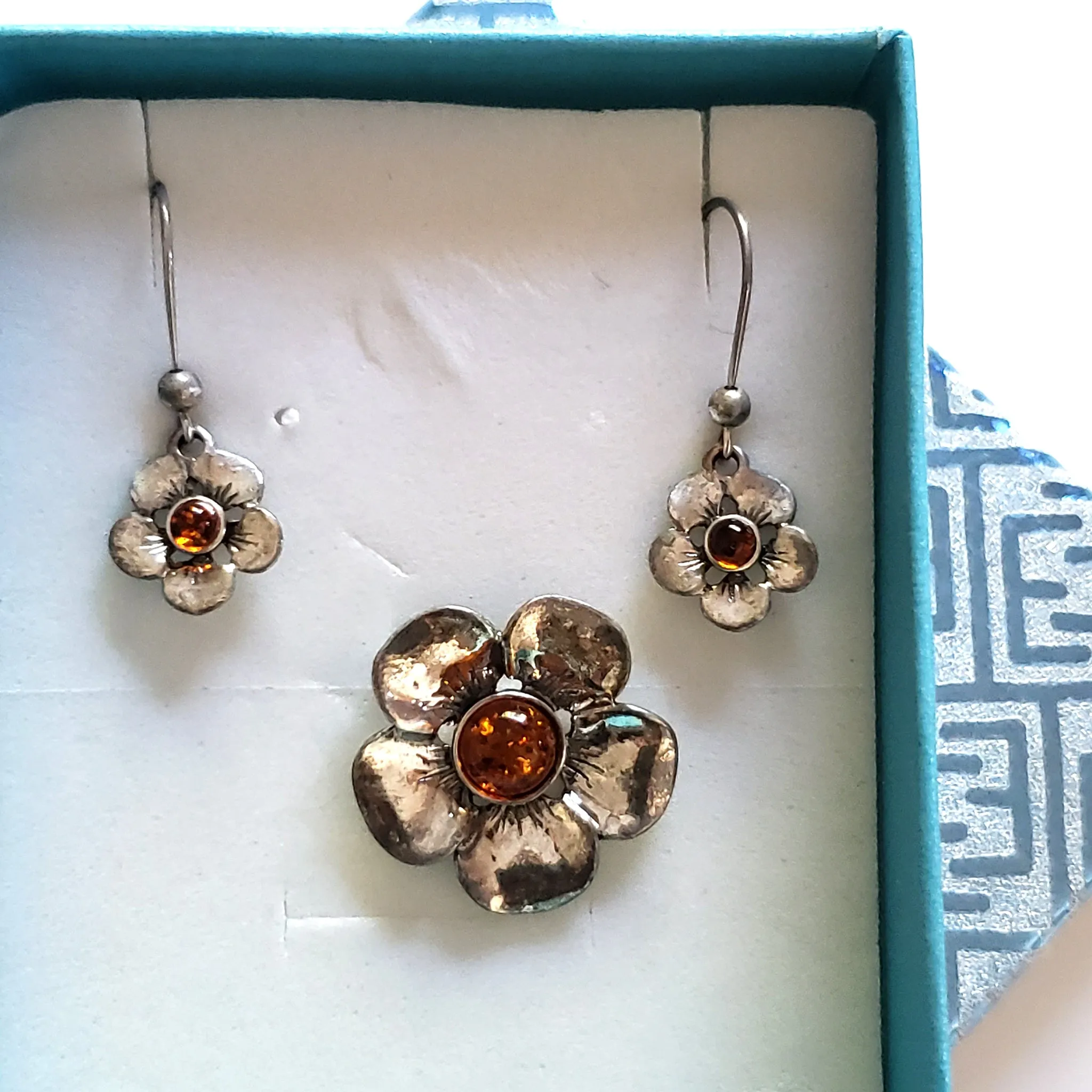 Silver Flower Pendant with Small Earrings Jewelry Set