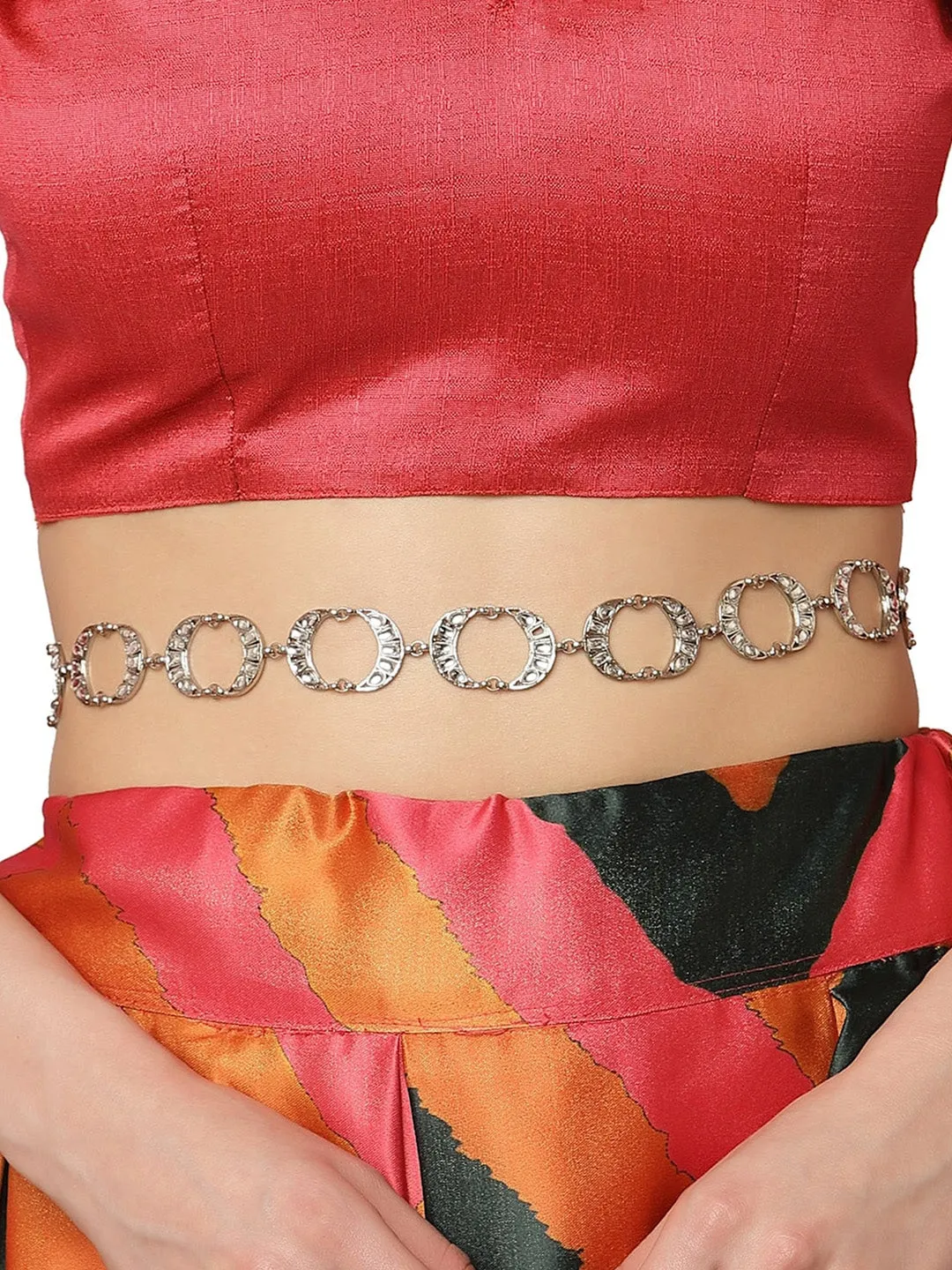 Silver-Toned Oxidised Kundan -Studded Kamarbandh