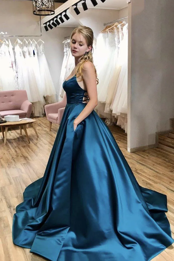 Simple A Line Satin Prom Dresses Emerald Green Long Evening Dress