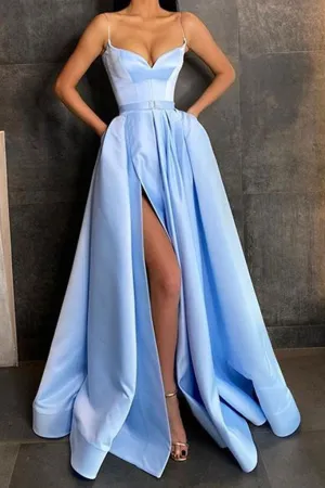 Simple blue sweetheart satin long prom dress blue evening dress