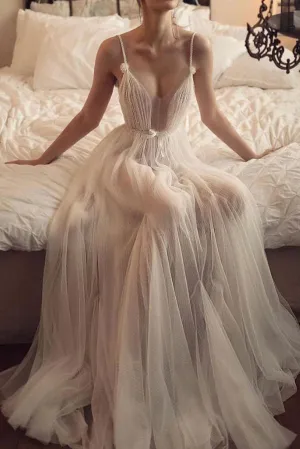 Simple champagne tulle long prom dress, champagne tulle evening dress