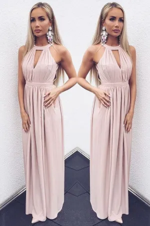 Simple chiffon long prom dress, pink evening dress