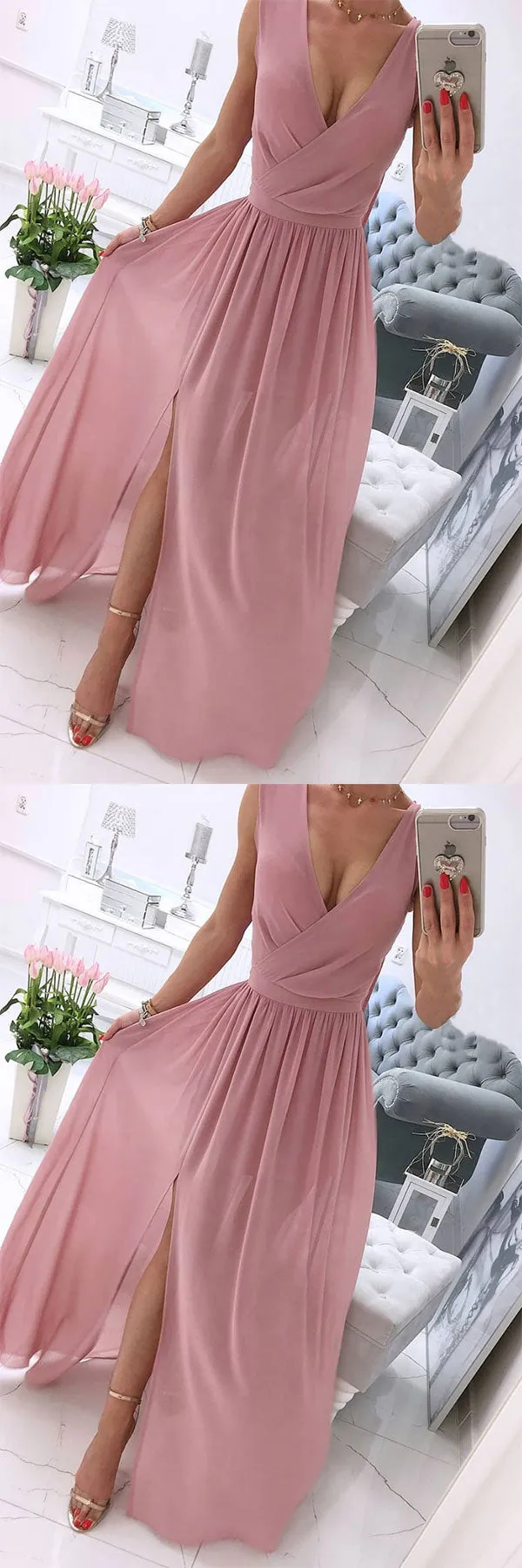 Simple chiffon pink long prom dress, pink evening dress