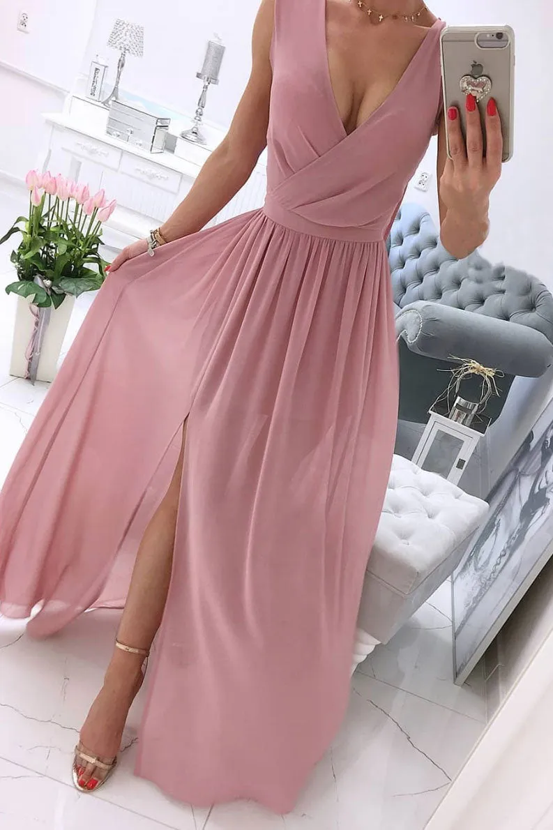 Simple chiffon pink long prom dress, pink evening dress