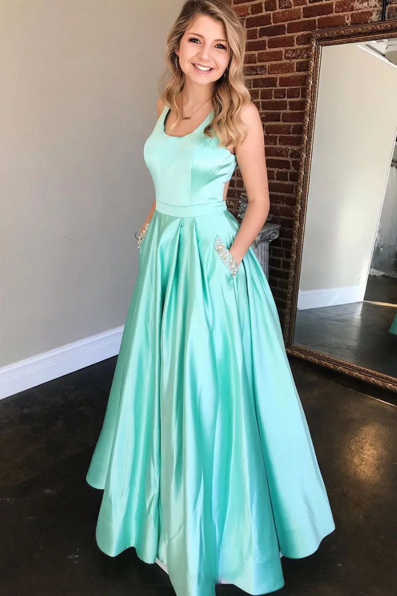 Simple green satin long prom dress green evening dress
