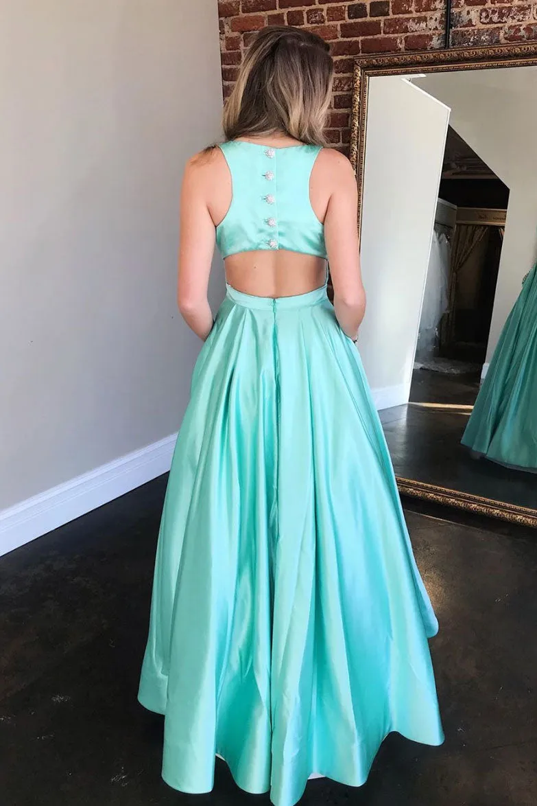 Simple green satin long prom dress green evening dress