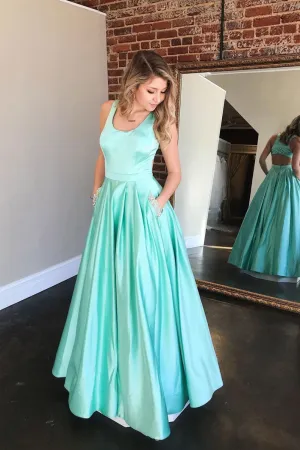 Simple green satin long prom dress green evening dress