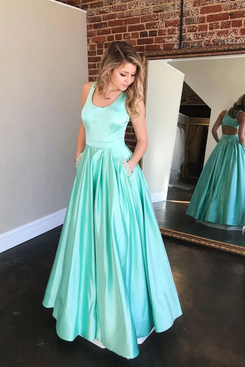 Simple green satin long prom dress green evening dress