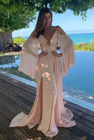 Simple pink chiffon long prom dress pink evening dress
