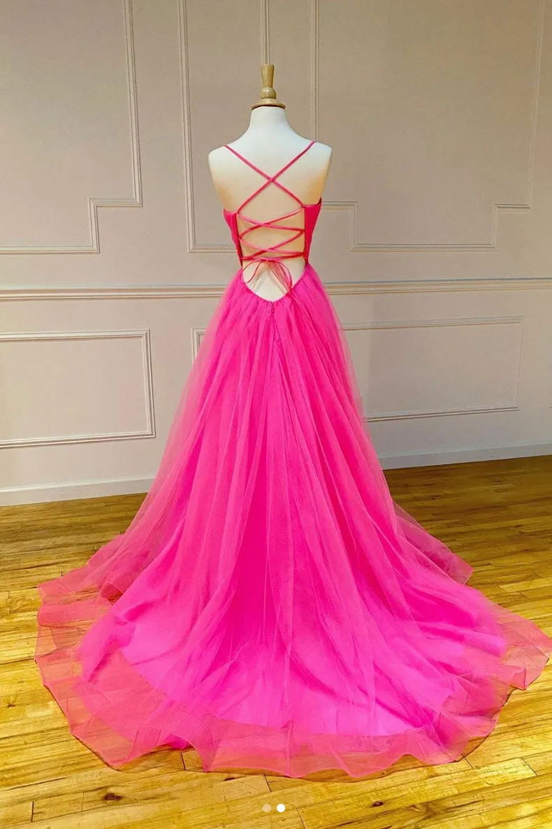 Simple pink tulle long prom dress pink tulle formal dress