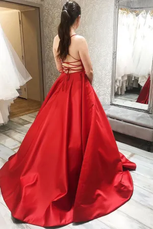 Simple red satin long prom dress red backless evening dress