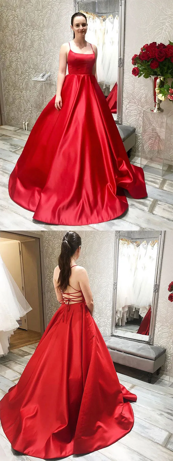 Simple red satin long prom dress red backless evening dress