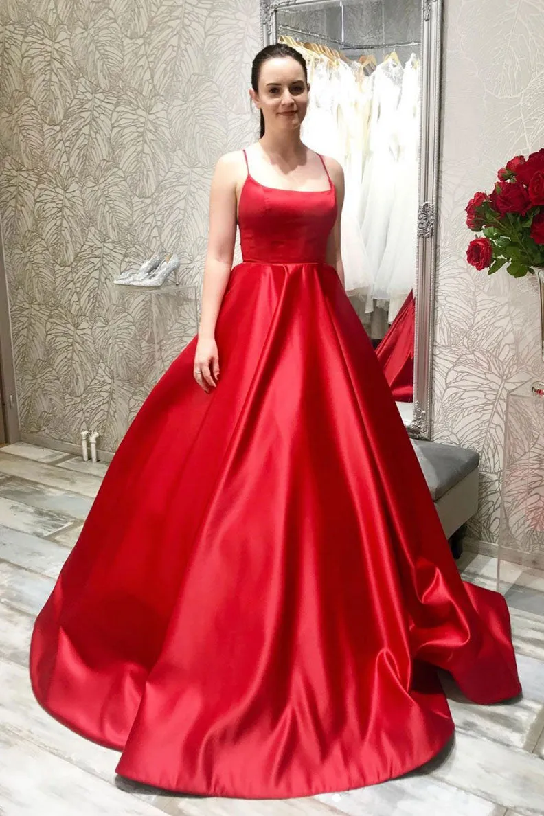 Simple red satin long prom dress red backless evening dress