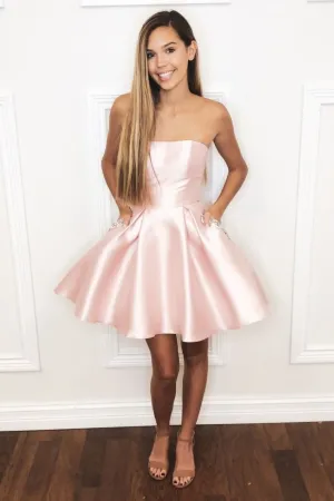 Simple satin pink short prom dress, pink homecoming dress