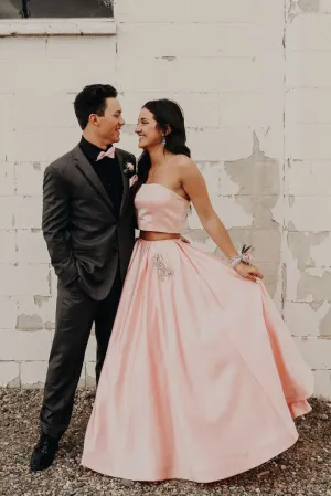 Simple two pieces satin long prom dress, pink evening dress
