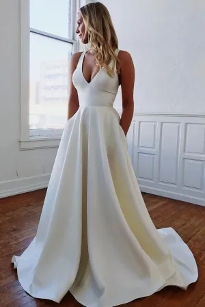 Simple white satin long prom dress, white evening dress