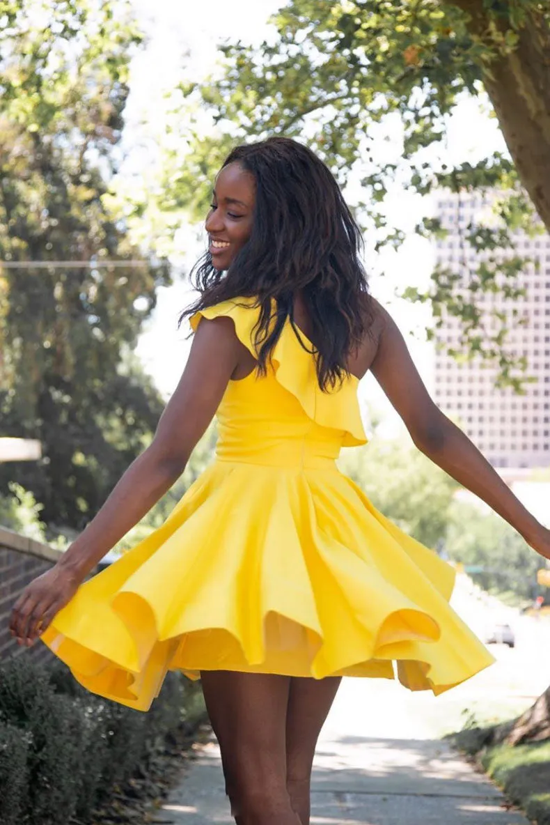Simple yellow short prom dress, yellow homecoming dress