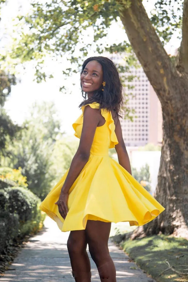Simple yellow short prom dress, yellow homecoming dress