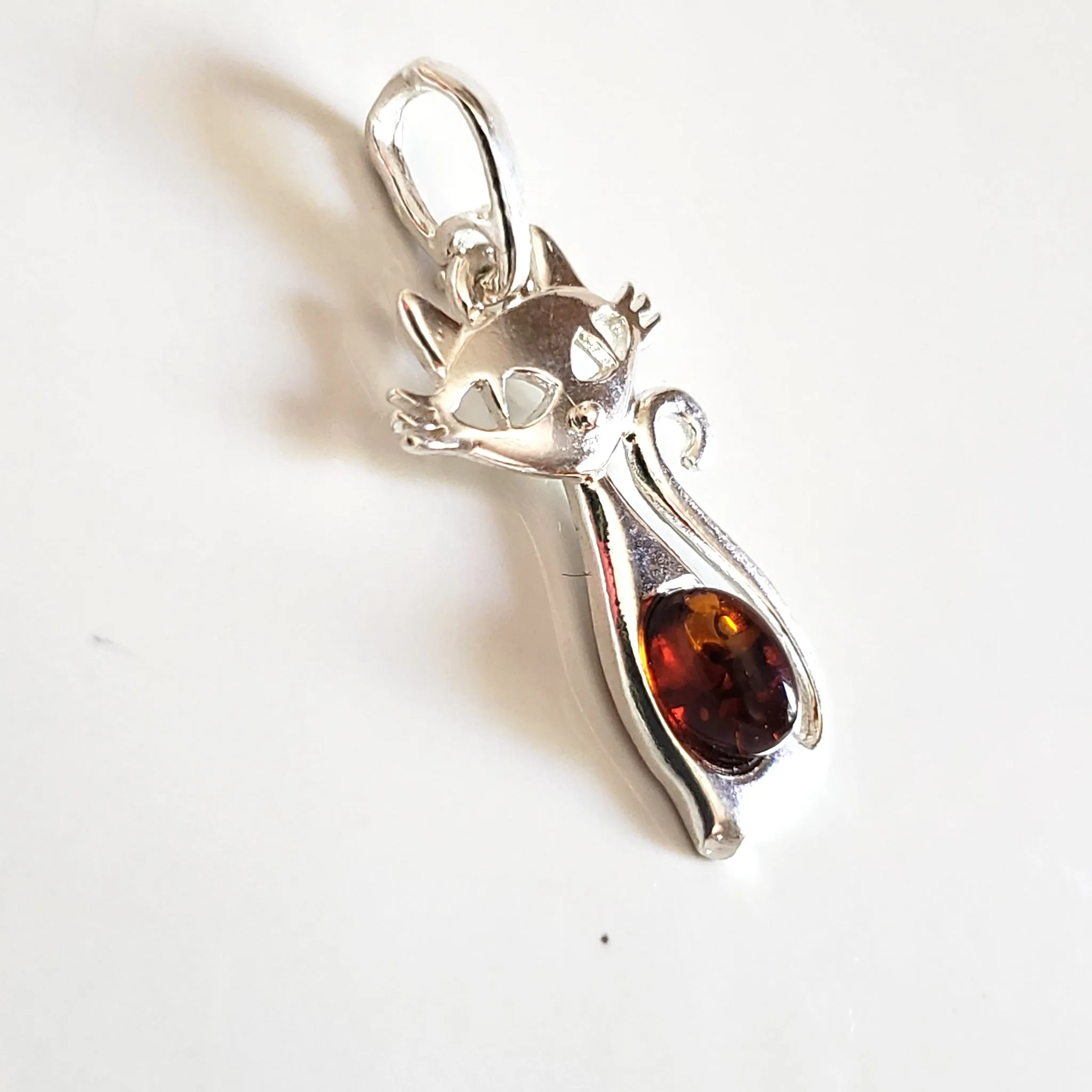 Small Sterling Silver Cat with Real Amber