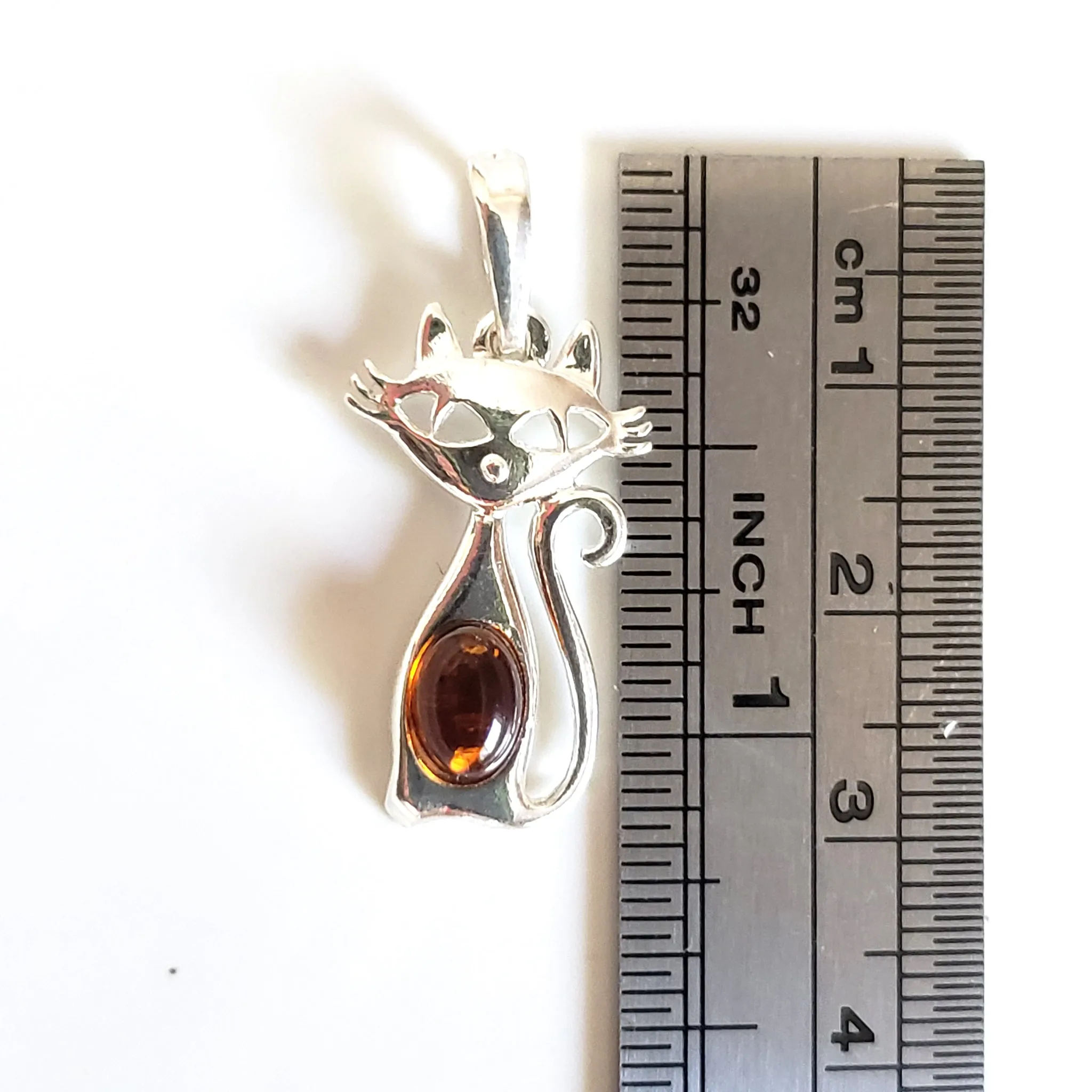 Small Sterling Silver Cat with Real Amber