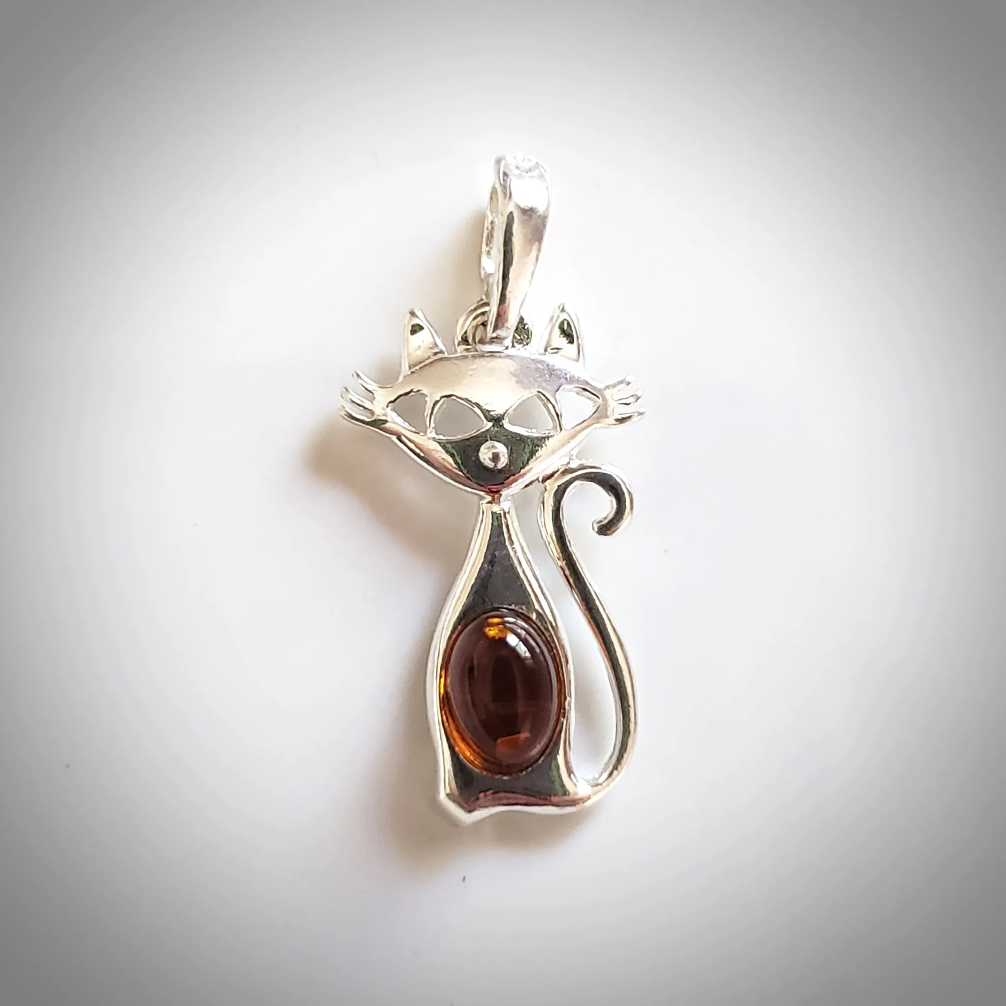 Small Sterling Silver Cat with Real Amber