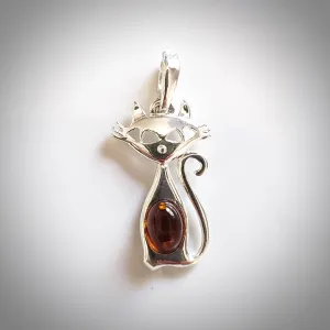 Small Sterling Silver Cat with Real Amber
