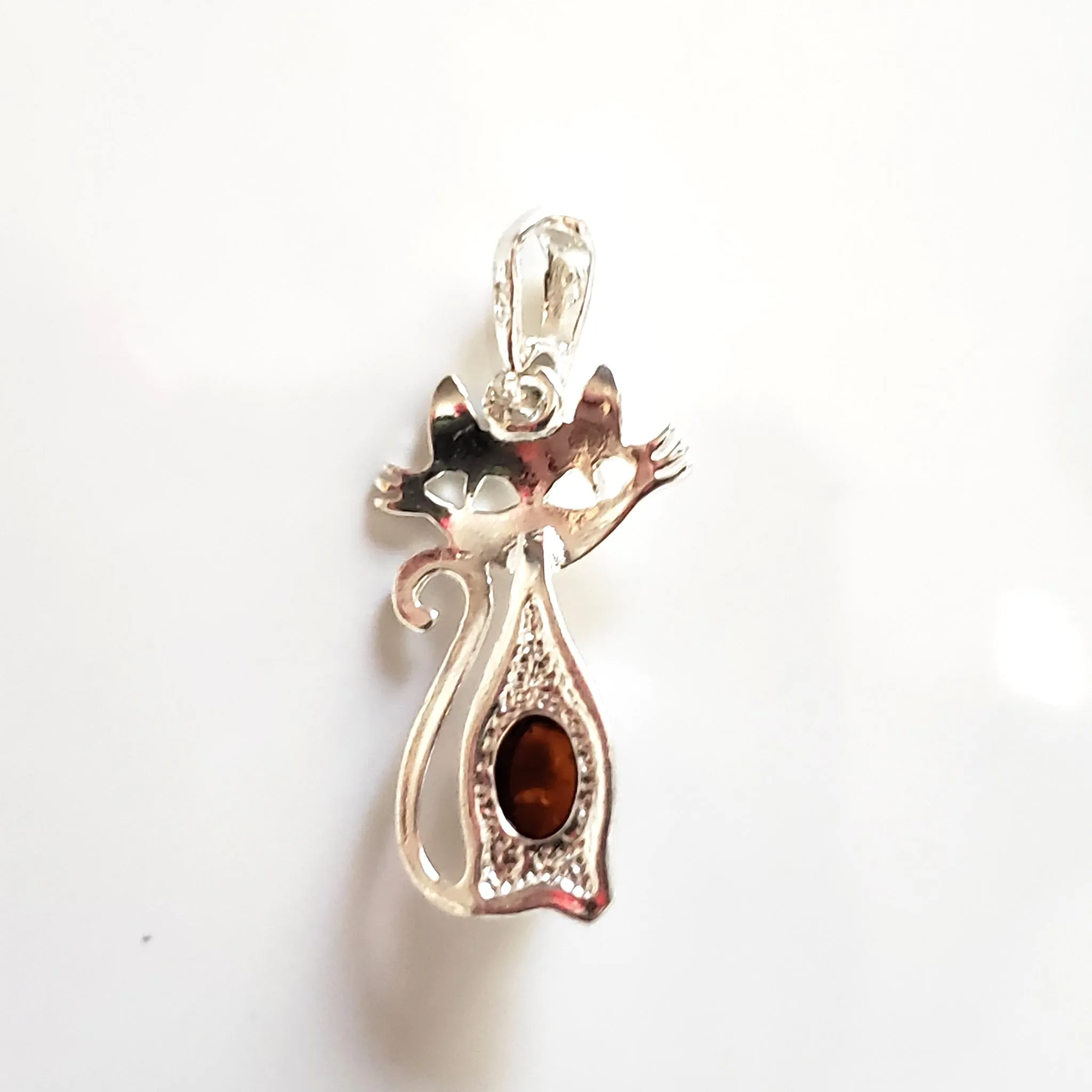 Small Sterling Silver Cat with Real Amber