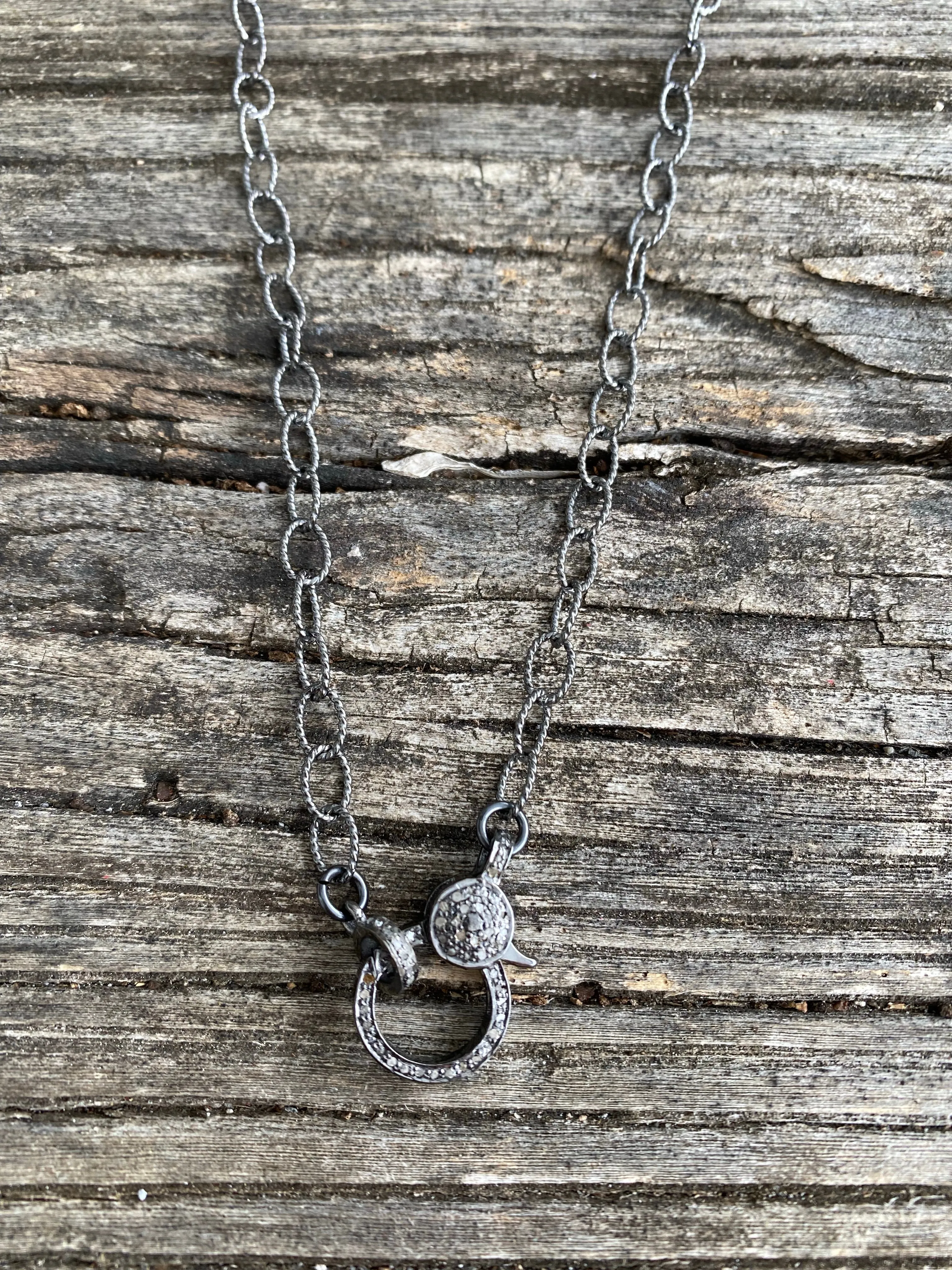 Sterling Silver Small Circle Textured Chain. Pave Diamond Lobster Claw Clasp