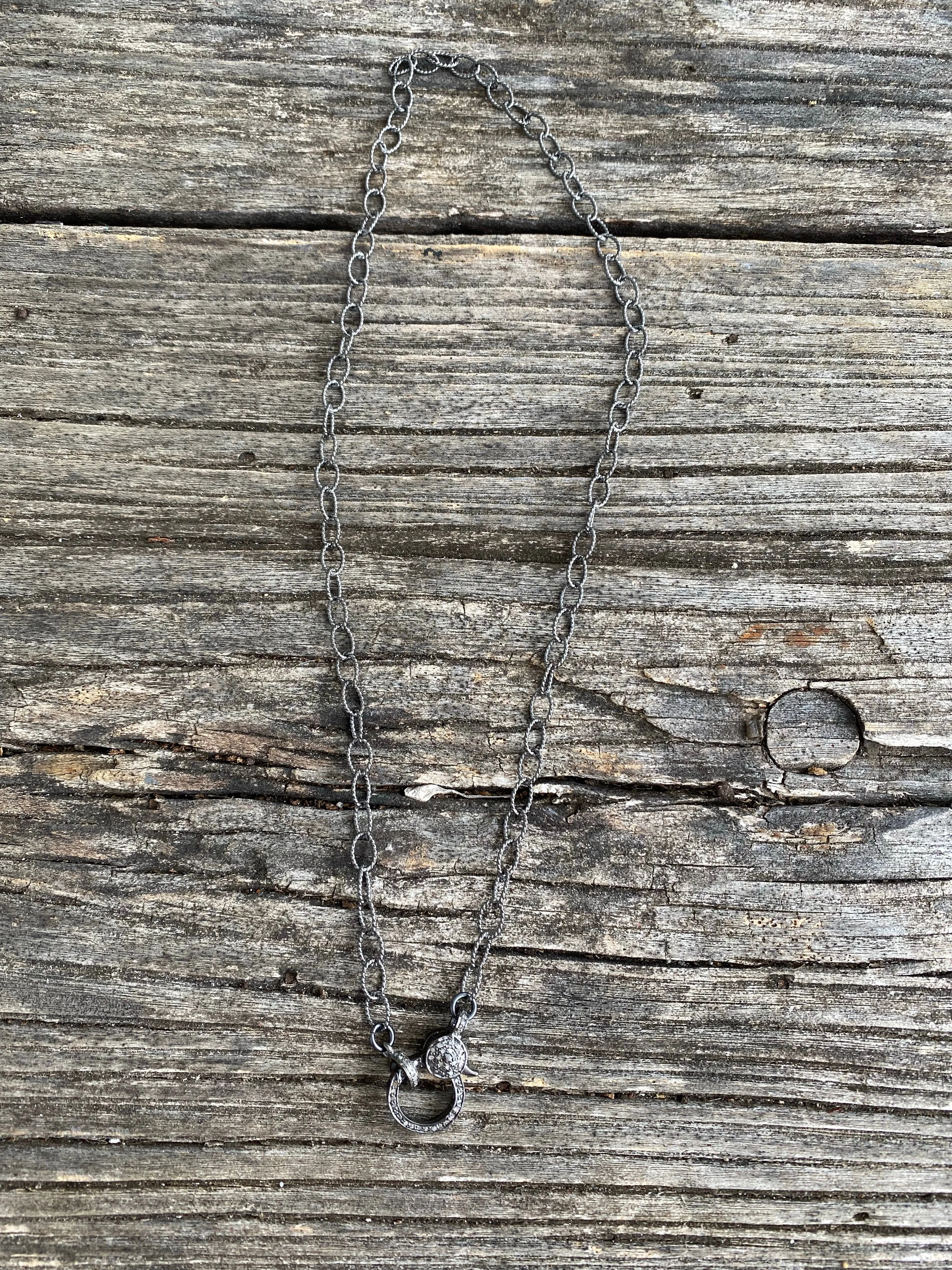 Sterling Silver Small Circle Textured Chain. Pave Diamond Lobster Claw Clasp