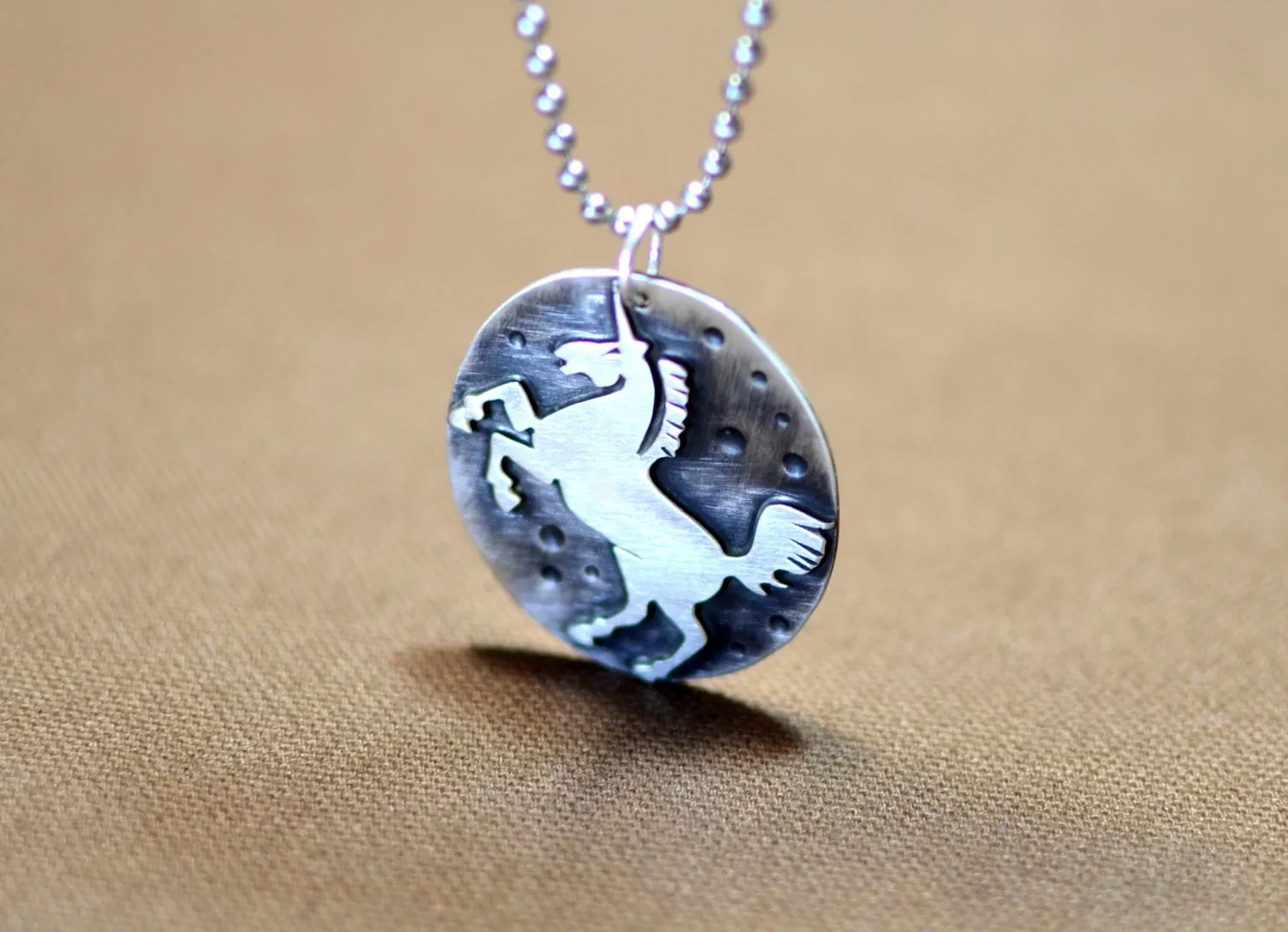 Sterling Silver Unicorn Disc Necklace with antiqued Patinas