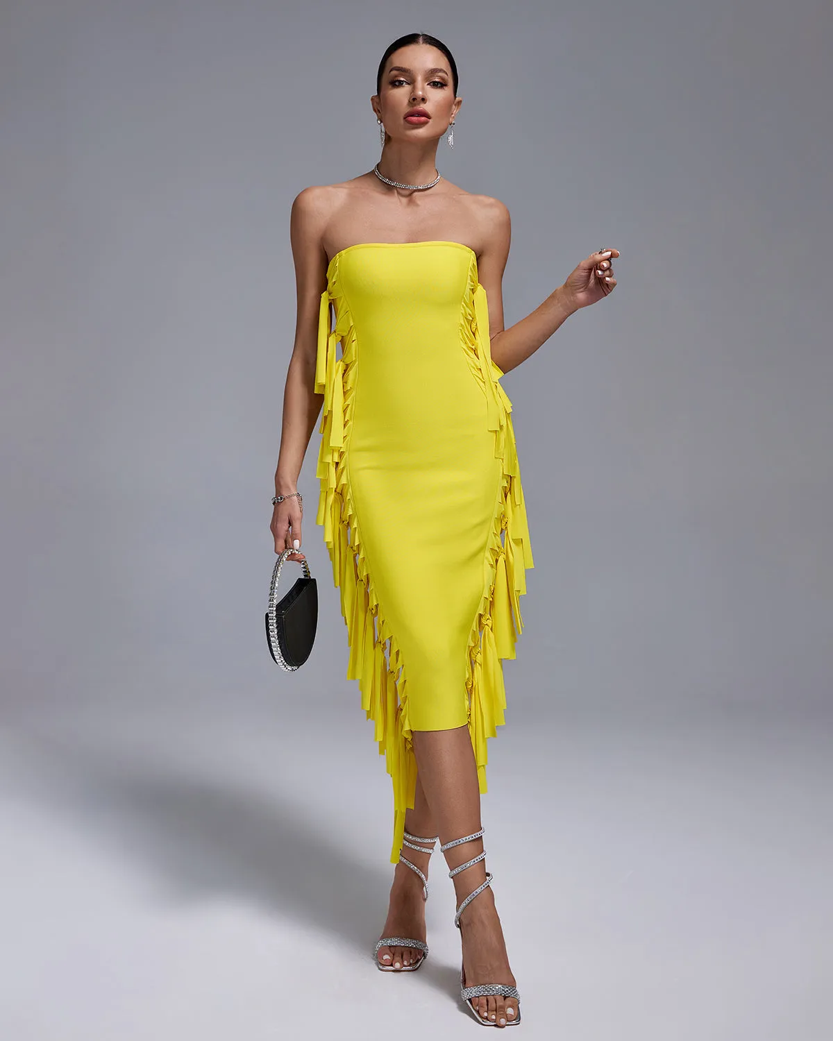 Strapless Fringe Midi Bandage Dress