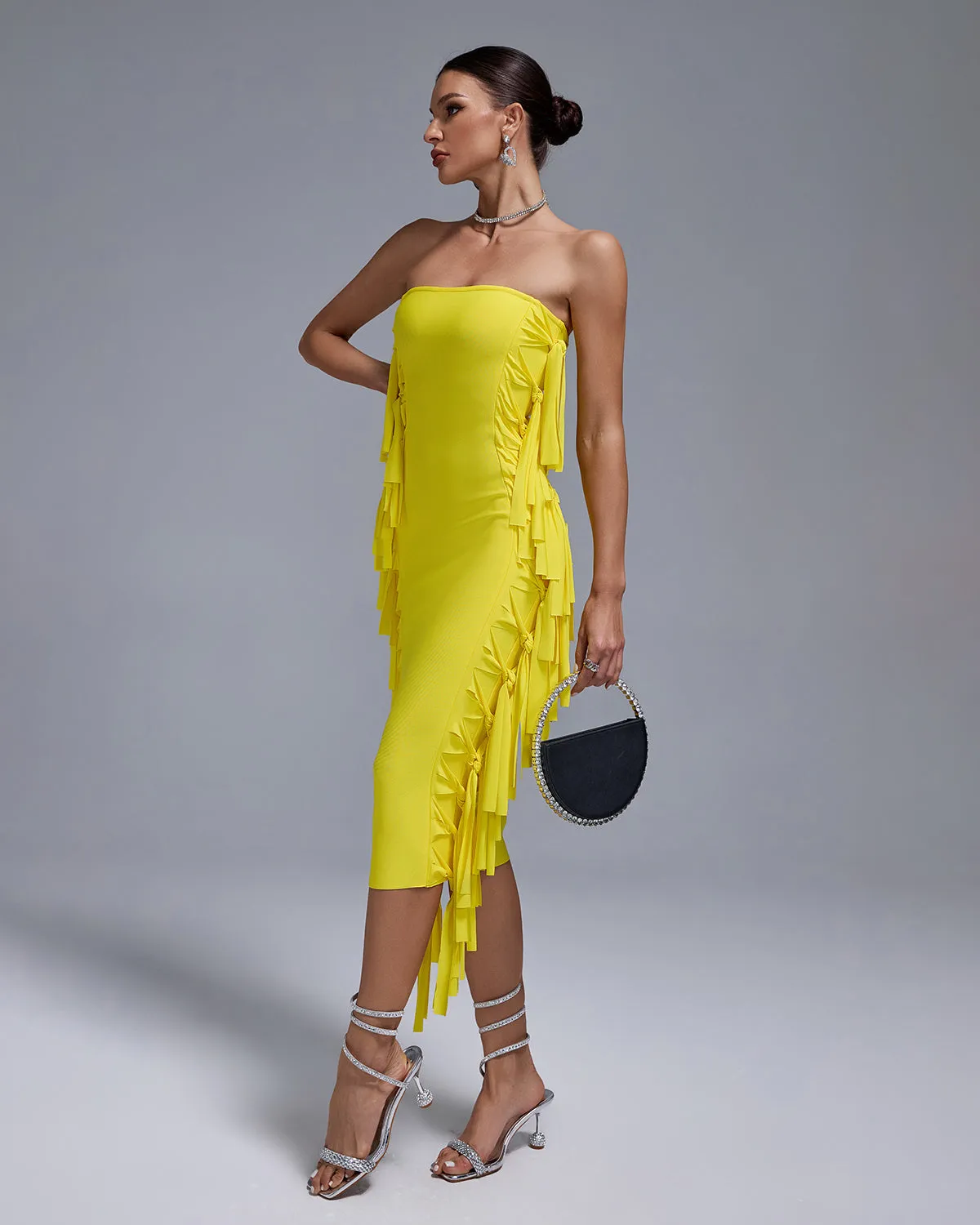Strapless Fringe Midi Bandage Dress