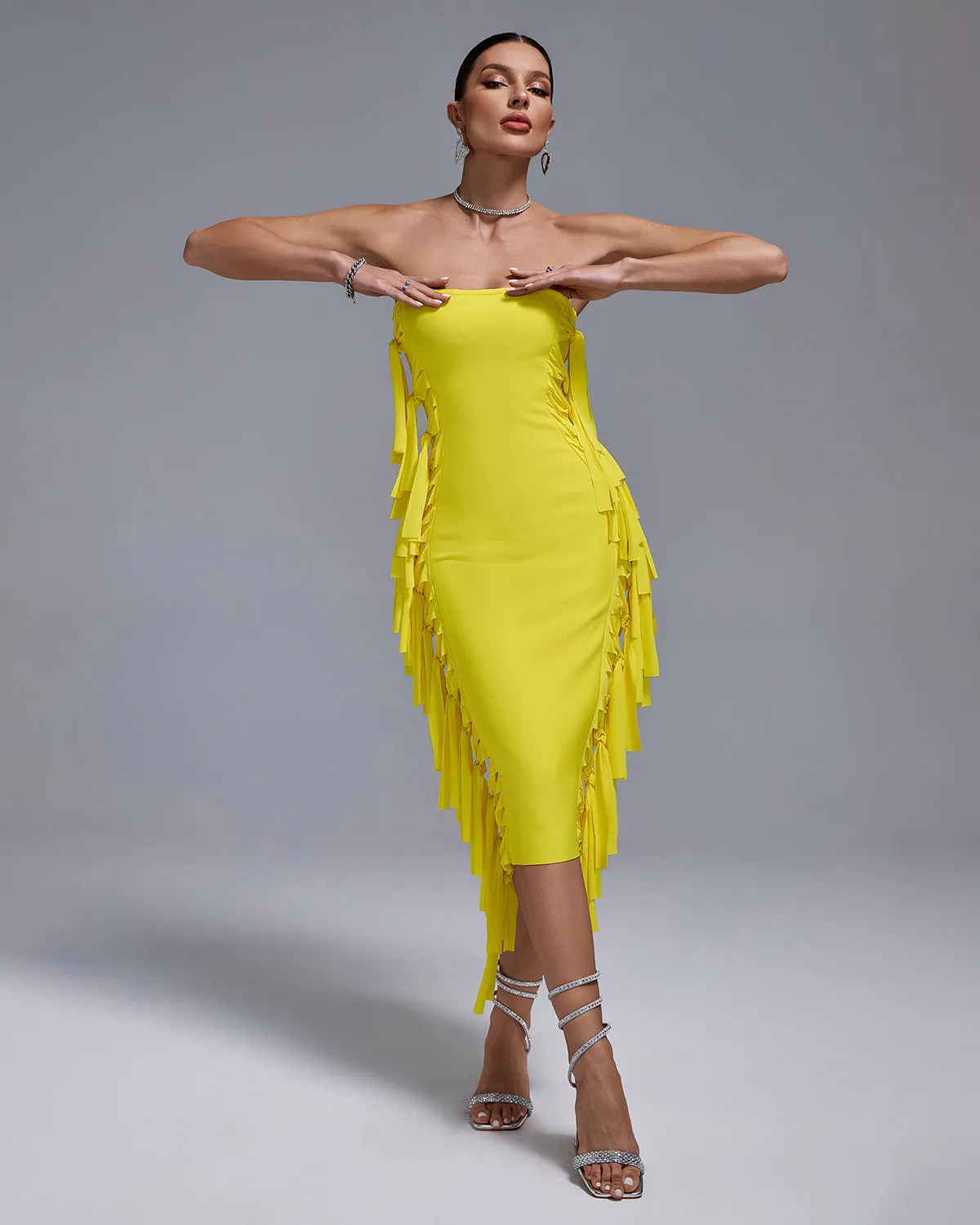 Strapless Fringe Midi Bandage Dress