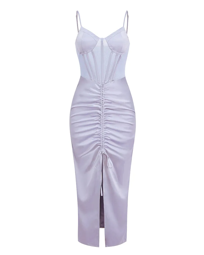 Strappy Satin Corset Ruched Midi Dress