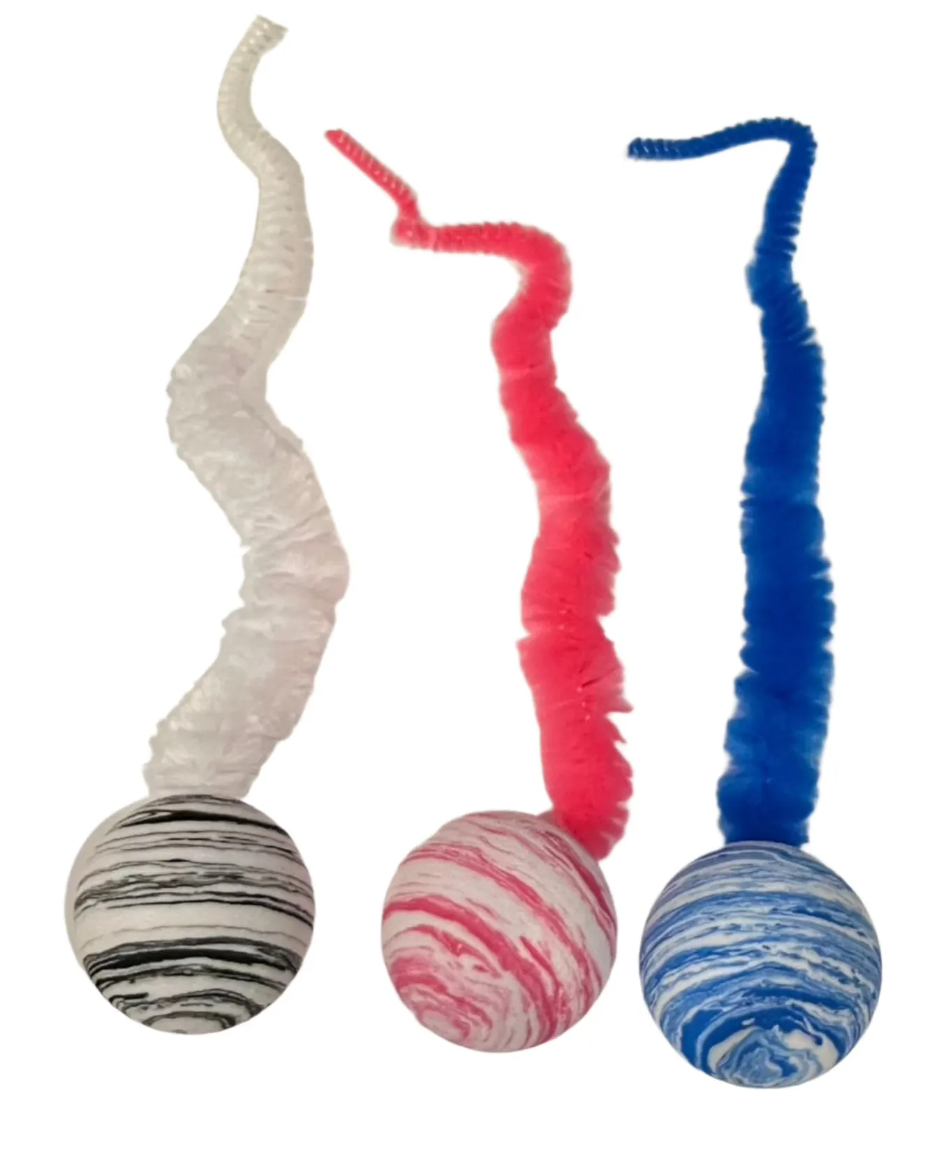 Striped Two Tone Rubber Ball with Caterpillar Style Tail attached - Black, Pink, or Blue