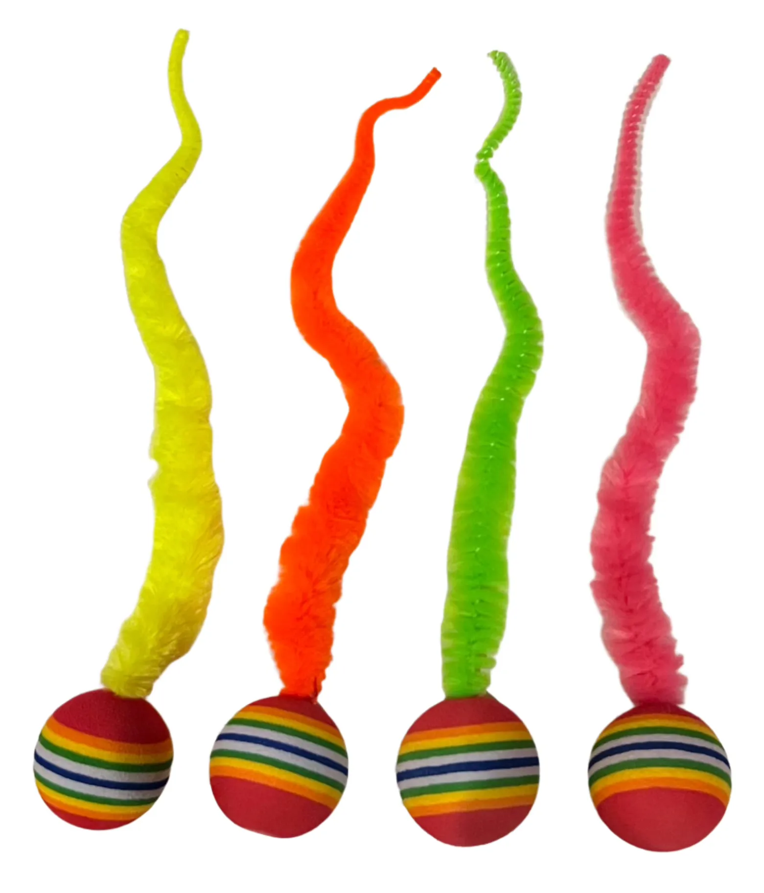 Striped Two Tone Rubber Ball with Caterpillar Style Tail attached Multi colored Striped Ball - Yellow, Pink, Orange, Green