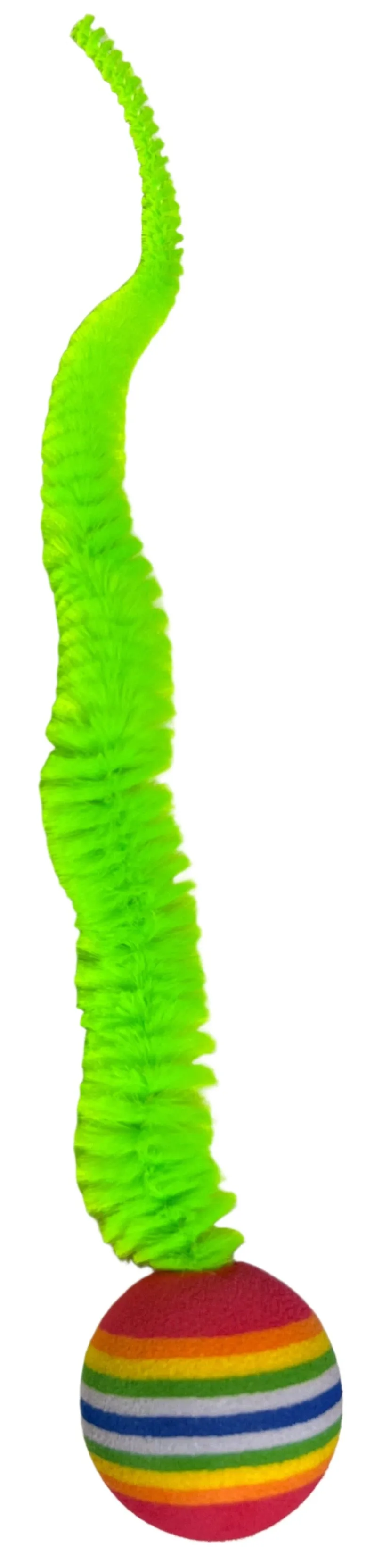 Striped Two Tone Rubber Ball with Caterpillar Style Tail attached Multi colored Striped Ball - Yellow, Pink, Orange, Green