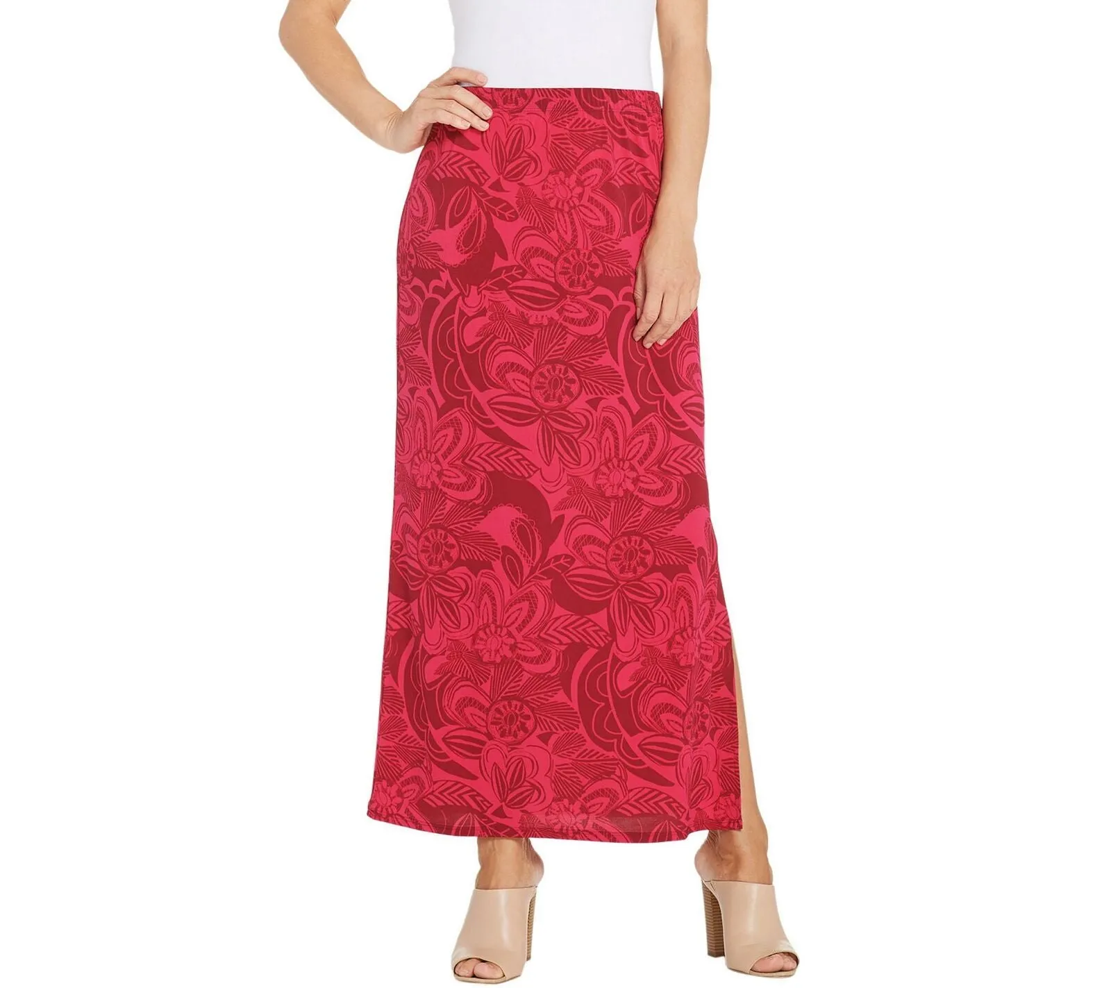 Susan Graver Women's Printed Liquid Knit Maxi Skirt. A303347