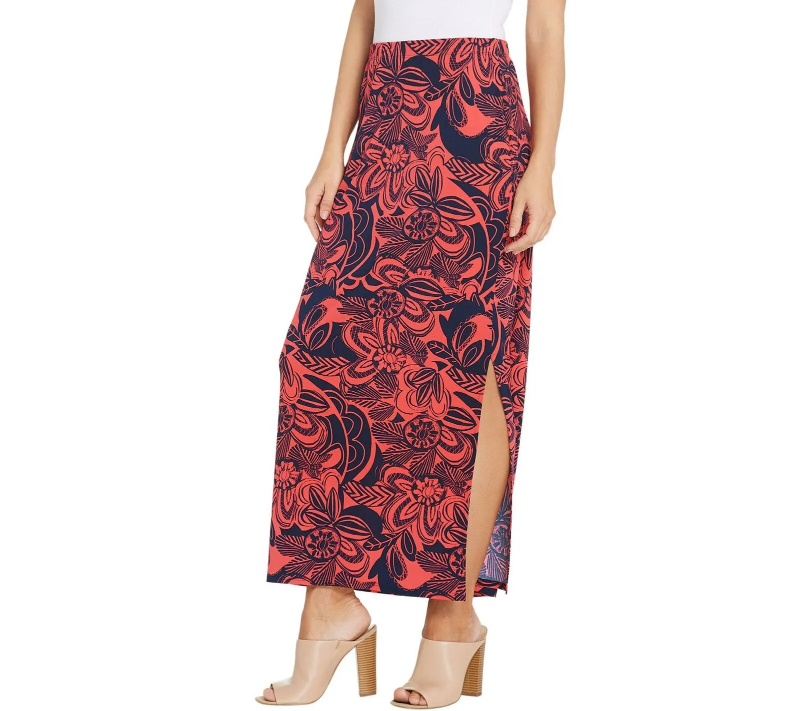 Susan Graver Women's Printed Liquid Knit Maxi Skirt. A303347