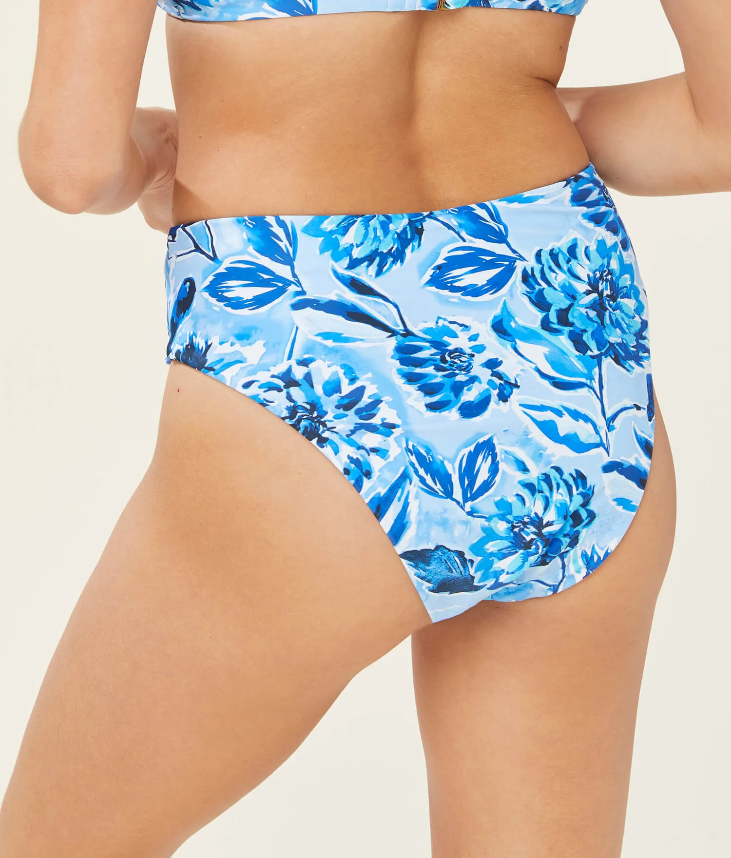 The 90s High Waist Bikini Bottom - Glossy Eco Nylon - Blue Floral (Archive)