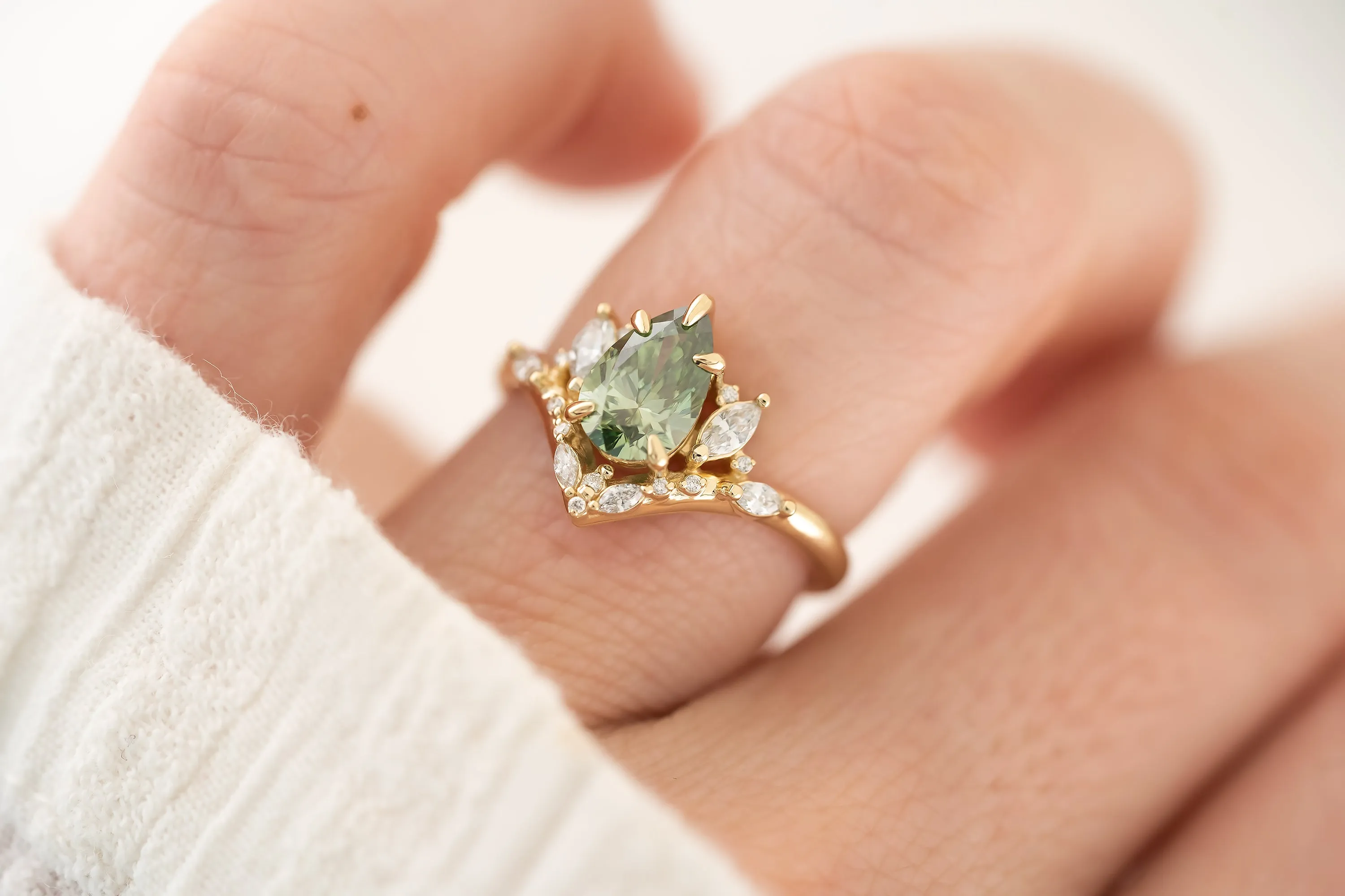 The Aurora 1.1 CT Pear Green Diamond Ring