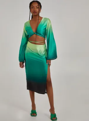 Tie Waist Ombre Split Hem Midi Skirt