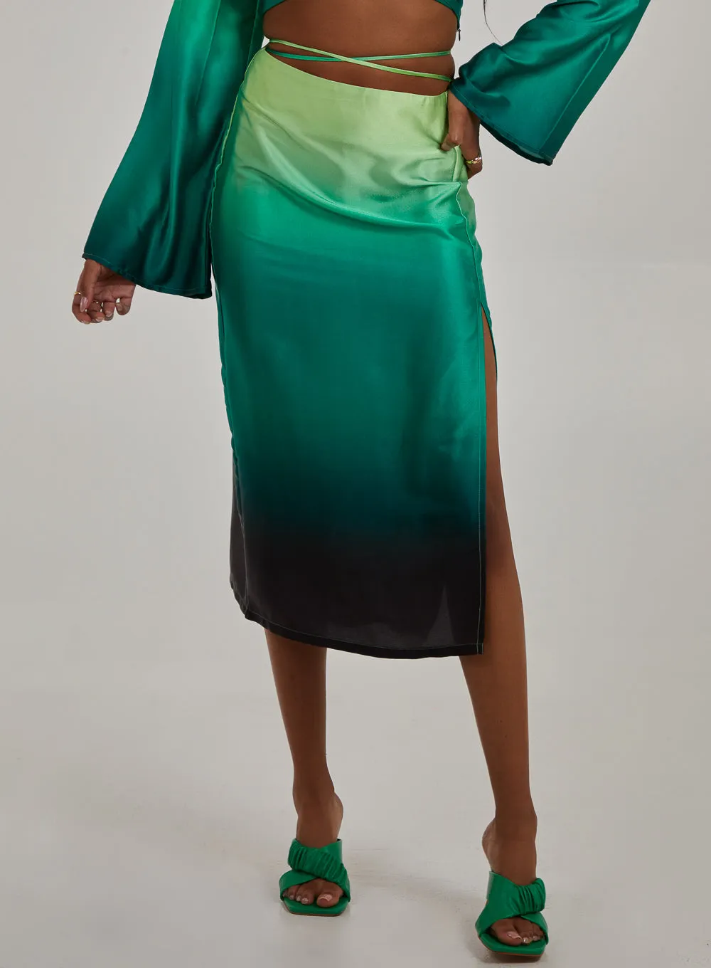 Tie Waist Ombre Split Hem Midi Skirt