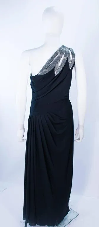 TRAVILLA 1970s Black Draped Jersey Gown Size 8-10