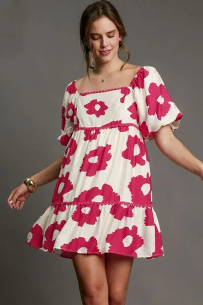 Umgee Full Size Contrast Floral Short Sleeve Mini Dress Plus Size