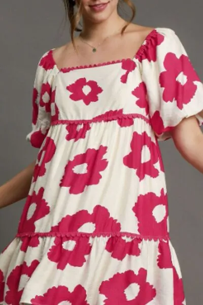 Umgee Full Size Contrast Floral Short Sleeve Mini Dress Plus Size