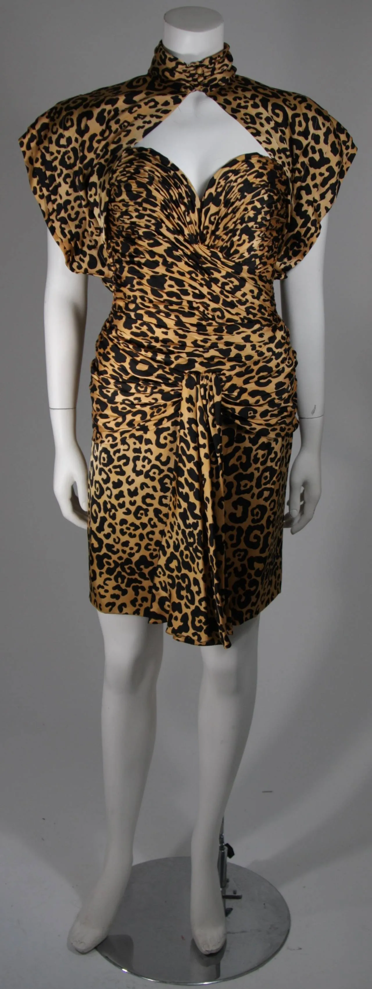 VICKY TIEL Silk Animal Print Bustier Dress with Capelet Size Small