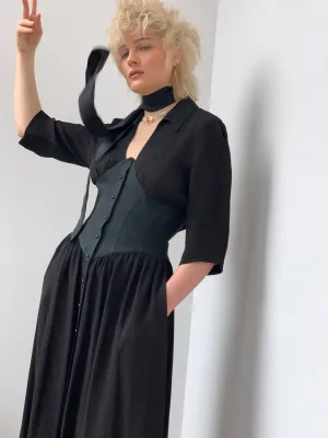 Vintage 1990’s Black Thierry Mugler Cotton Button Down Shirtdress with Corset Waist